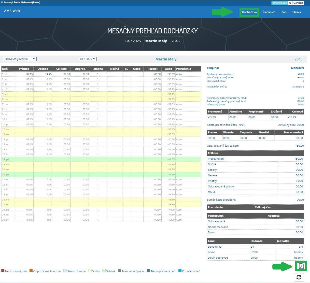 Mesačný prehľad dochádzky, tlačidlo pre Dochádzkovú kartu v AMS WEB