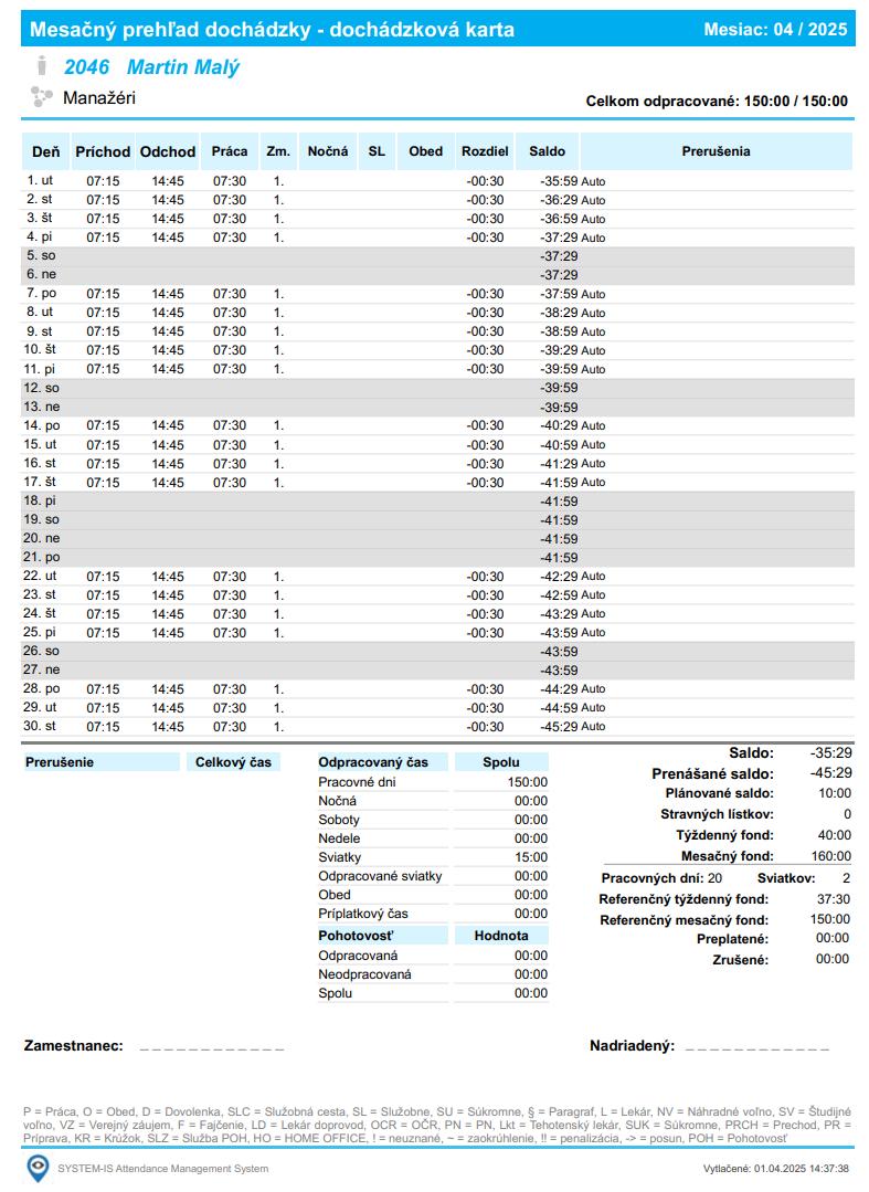 AMS WEB - Dochádzková karta v AMS WEB