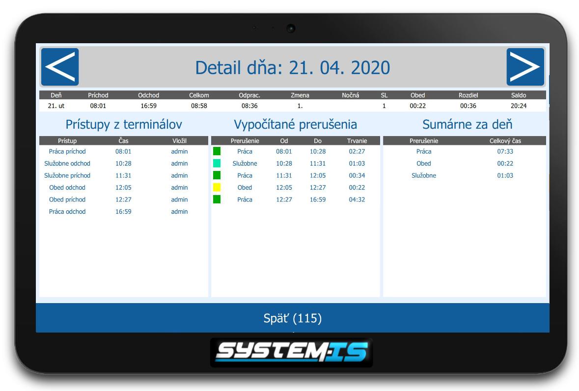 Kiosk - dochádzka - detail dňa - späť