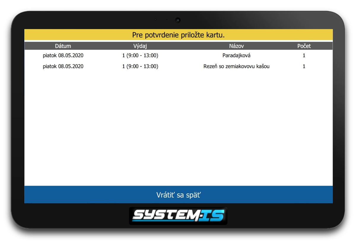 Kiosk - Strava - potvrdenie výberu