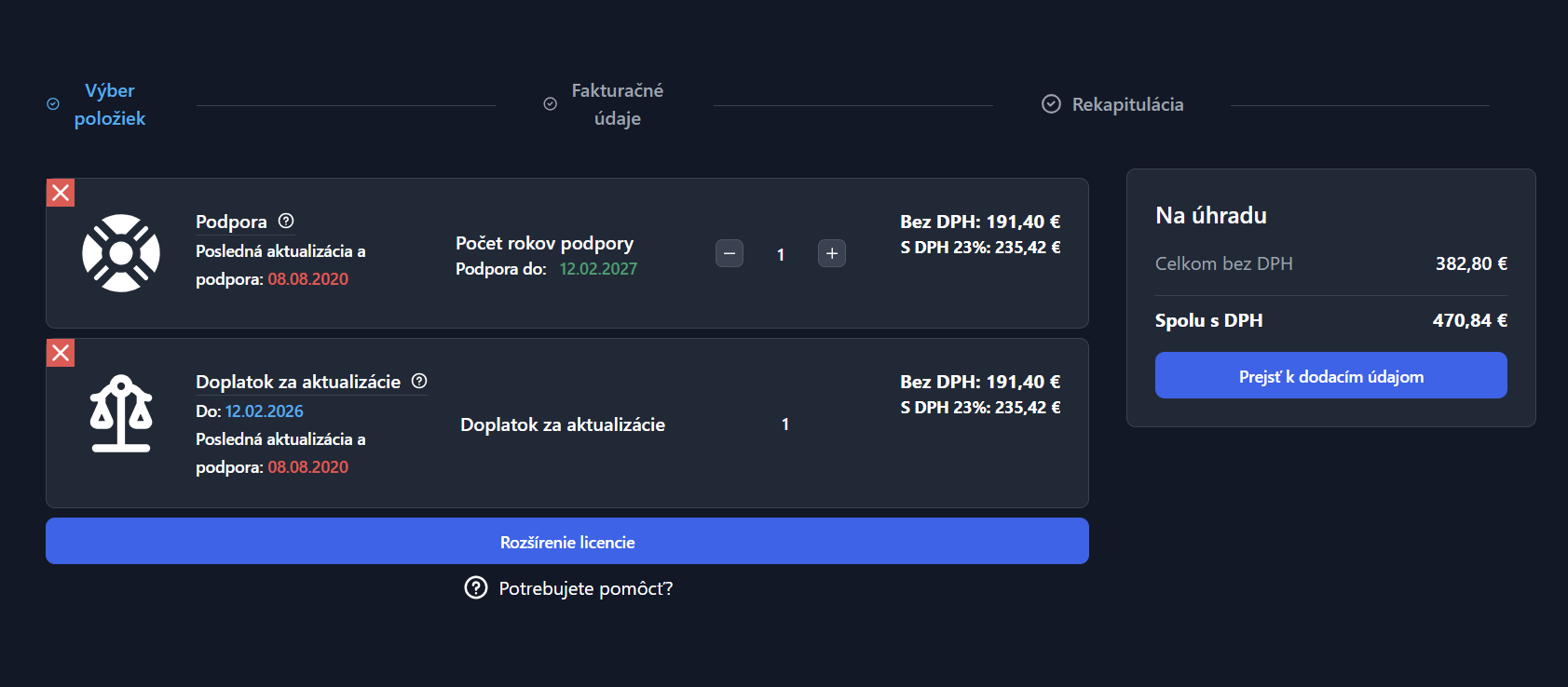 Ukážka zobrazenia položky „Doplatok za aktualizácie“ v kroku Výber položiek