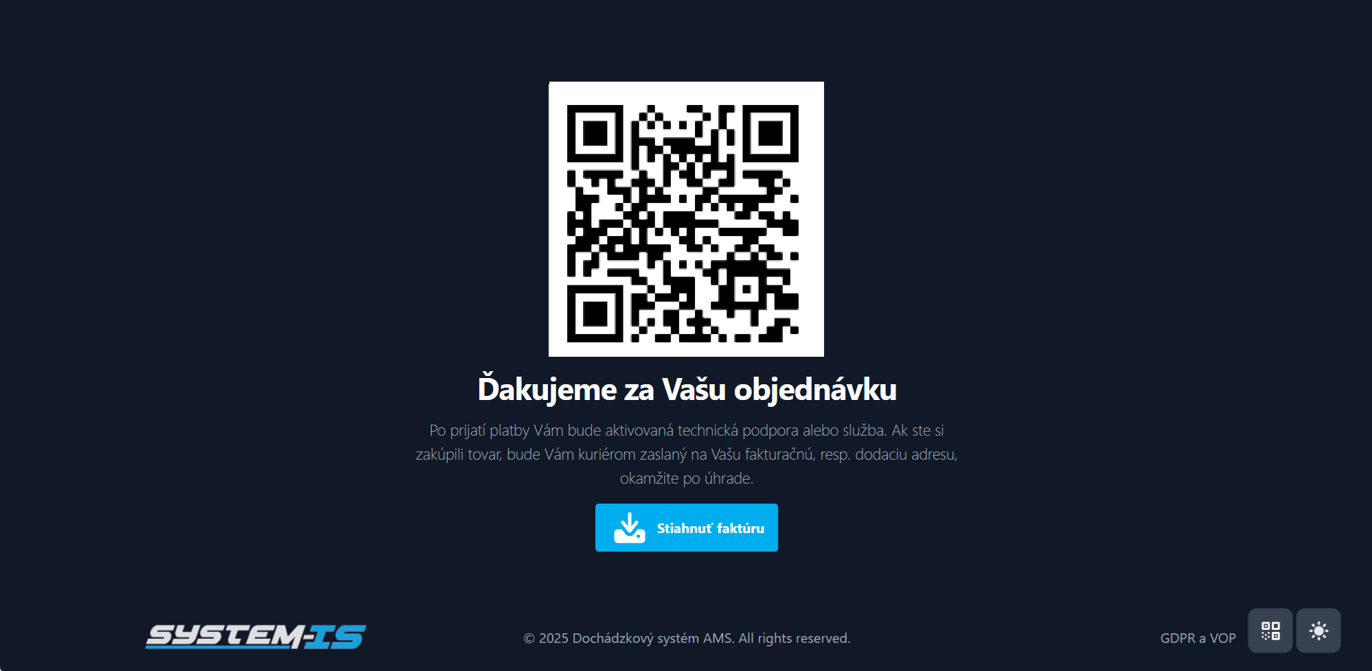 Krok 4 Zobrazený QR kód na rýchlu úhradu po odoslaní objednávky so zaslaním zálohovej faktúry