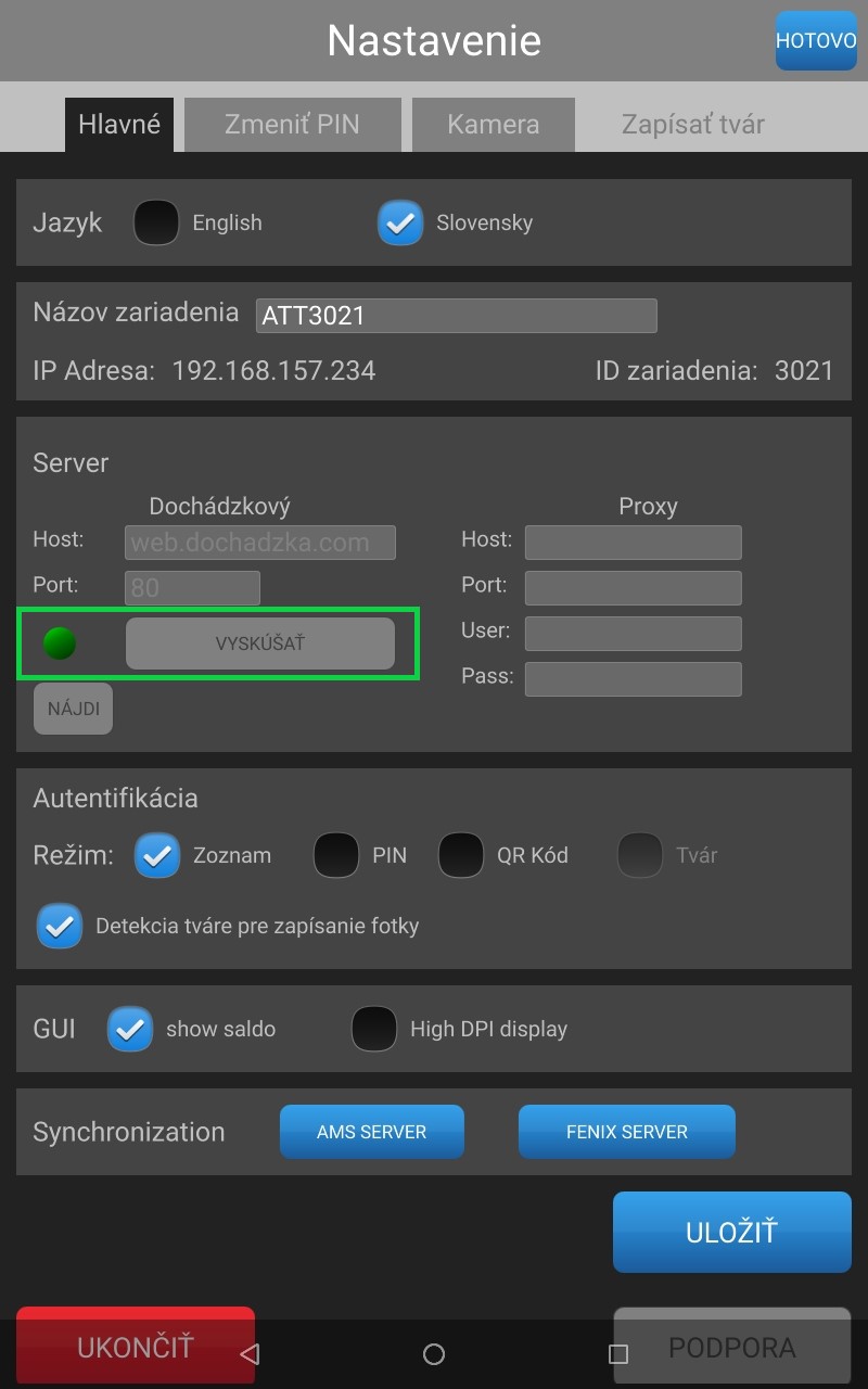 vyskúšať pripojenie TATT