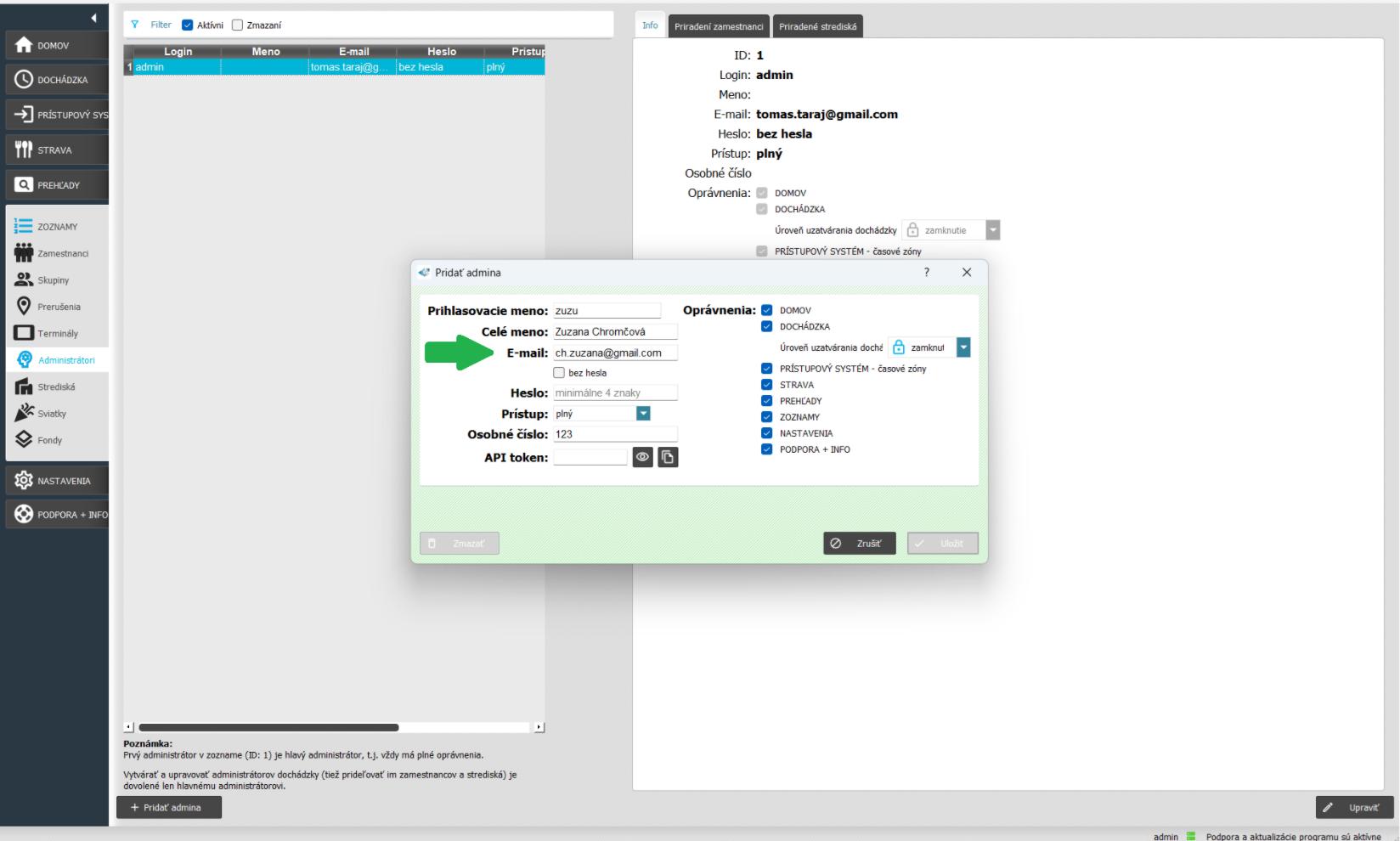 E-mailová adresa v karte admina