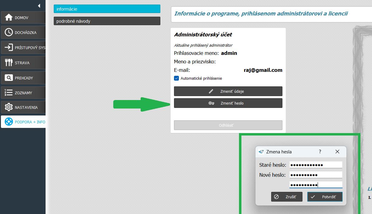 Zmena hesla cez Podpora a info