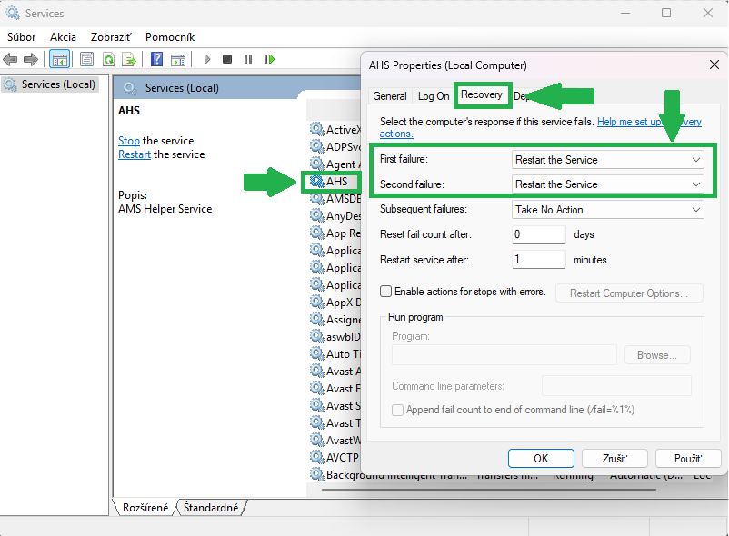Správca úloh, okno služby - karta Recovery