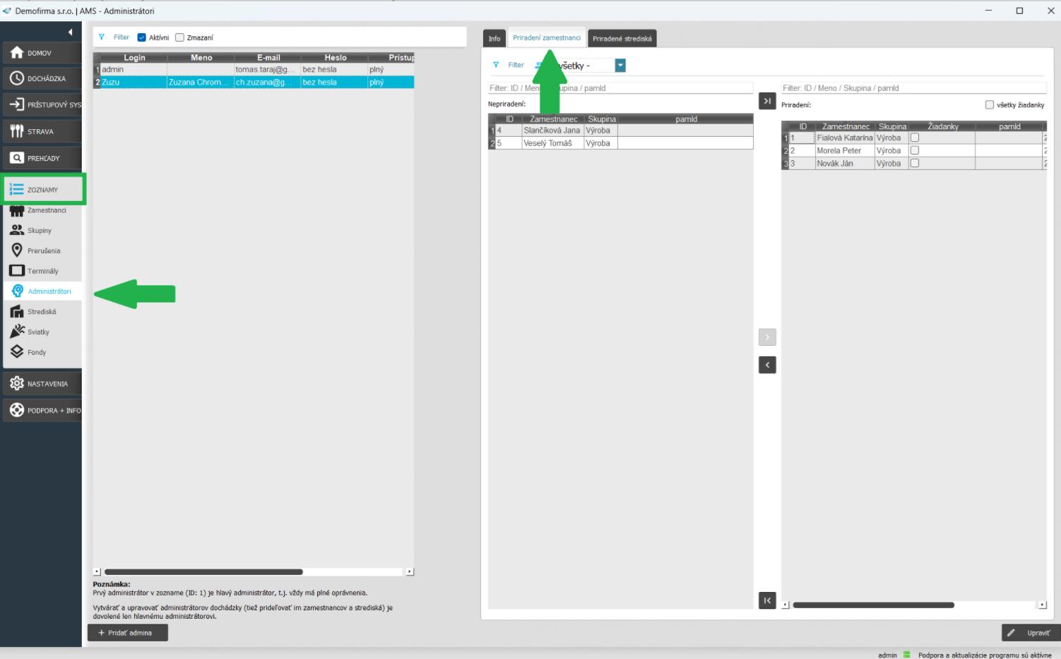 Priradenie zamestnancov adminovi