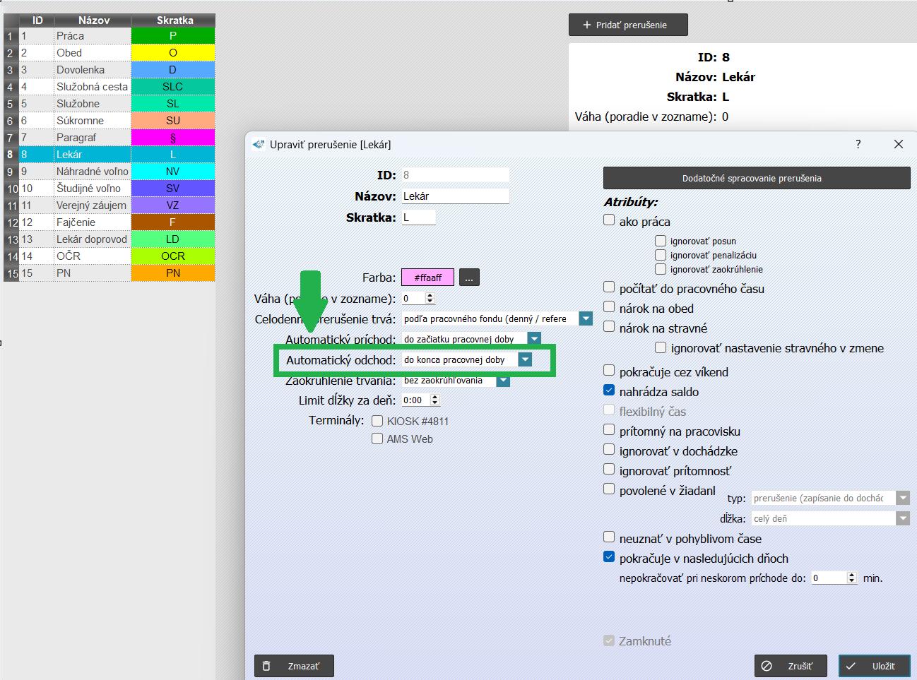 nastavenie - automatický odchod