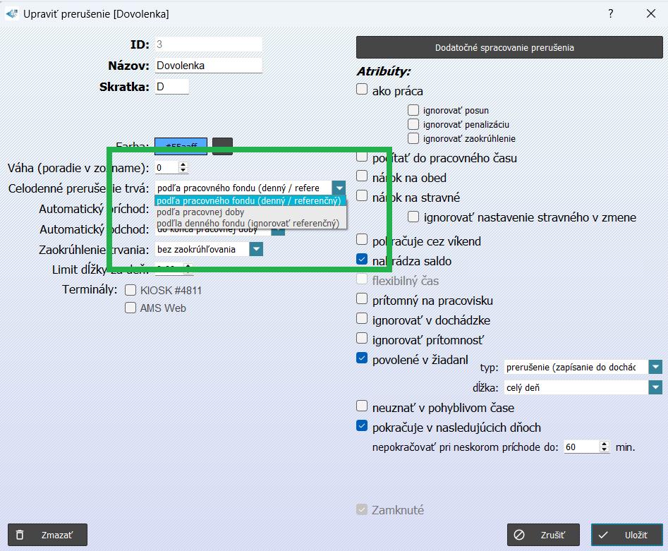 Celodenné prerušenie trvá - nastavenie