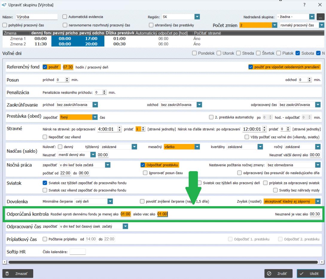 Nastavenie odporúčanej kontroly v skupine