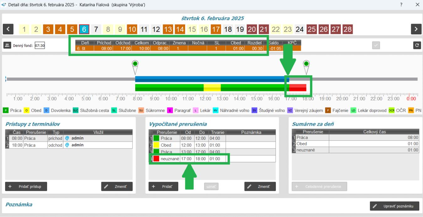 Detail dňa s odporúčanou kontrolou s neuznaným úsekom