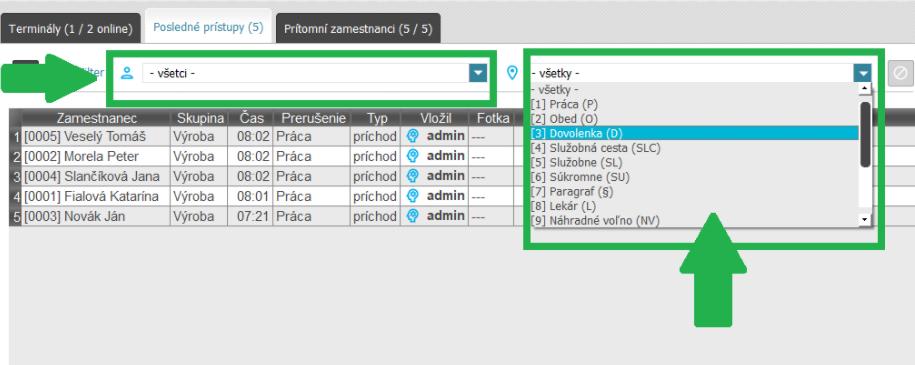 Karta Domov - posledné prístupy - filter