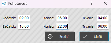 Pohotovosť v mesačnom prehľade - Nastavenie - nastavené hodiny pohotovosti