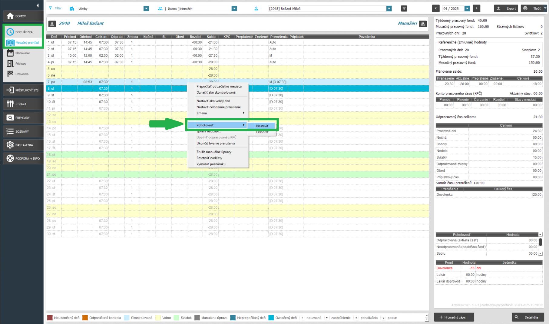 Pohotovosť v mesačnom prehľade - Nastavenie