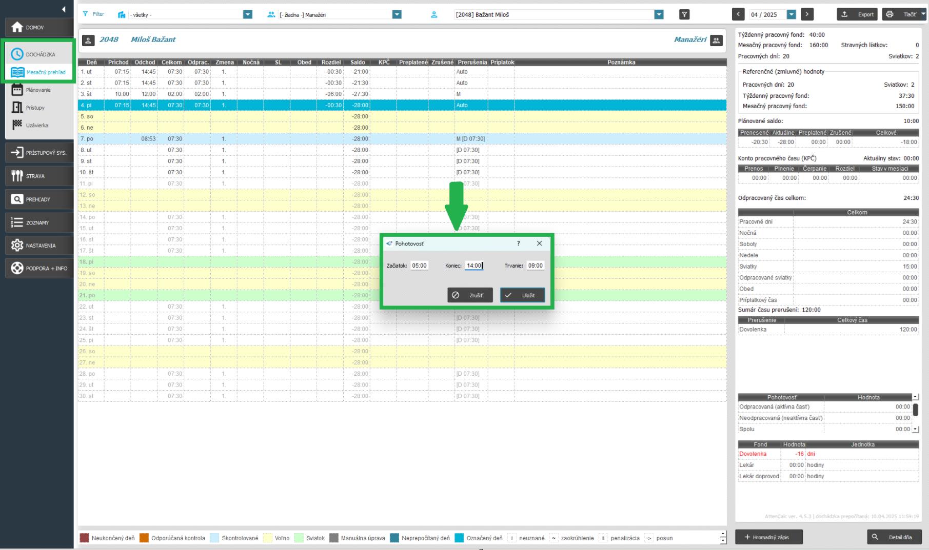 Pohotovosť v mesačnom prehľade - Nastavené hodiny pohotovosti