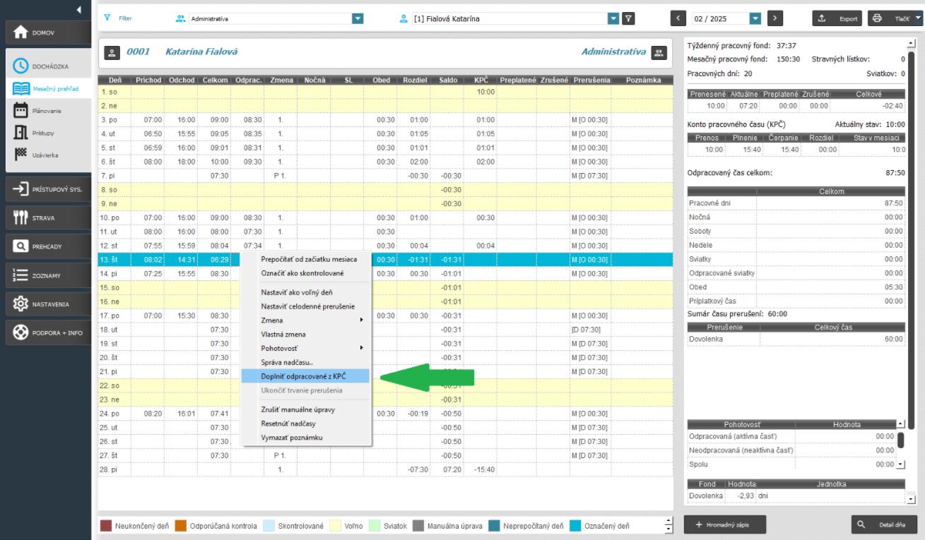 Doplniť odpracované z KPČ