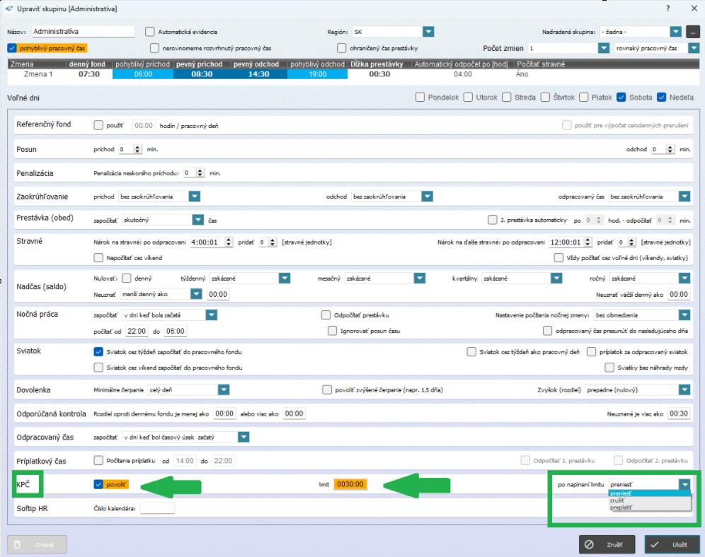 Nastavenie KPČ v nastaveniach skupiny