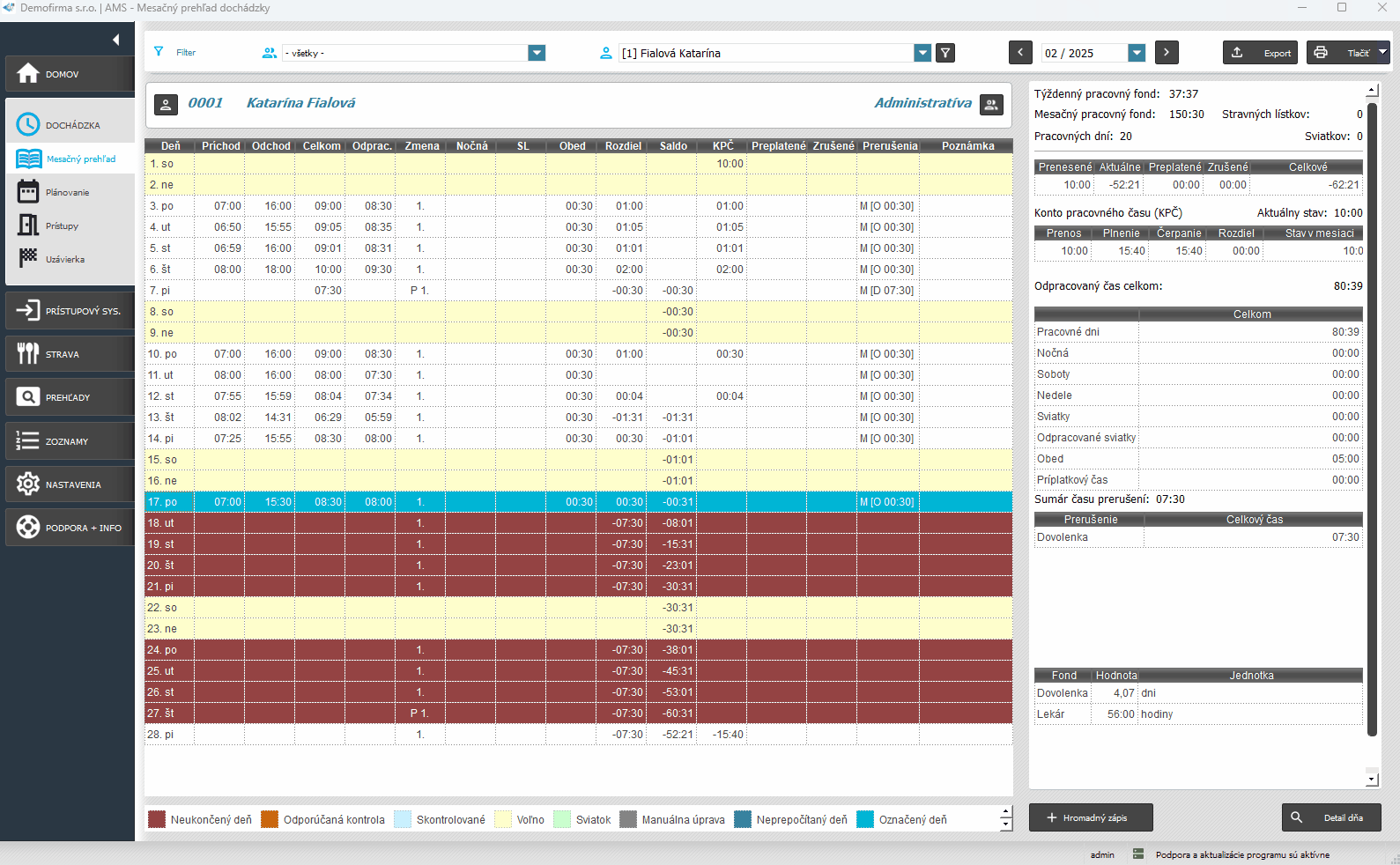 Karta Dochádzka-Mesačný prehľad