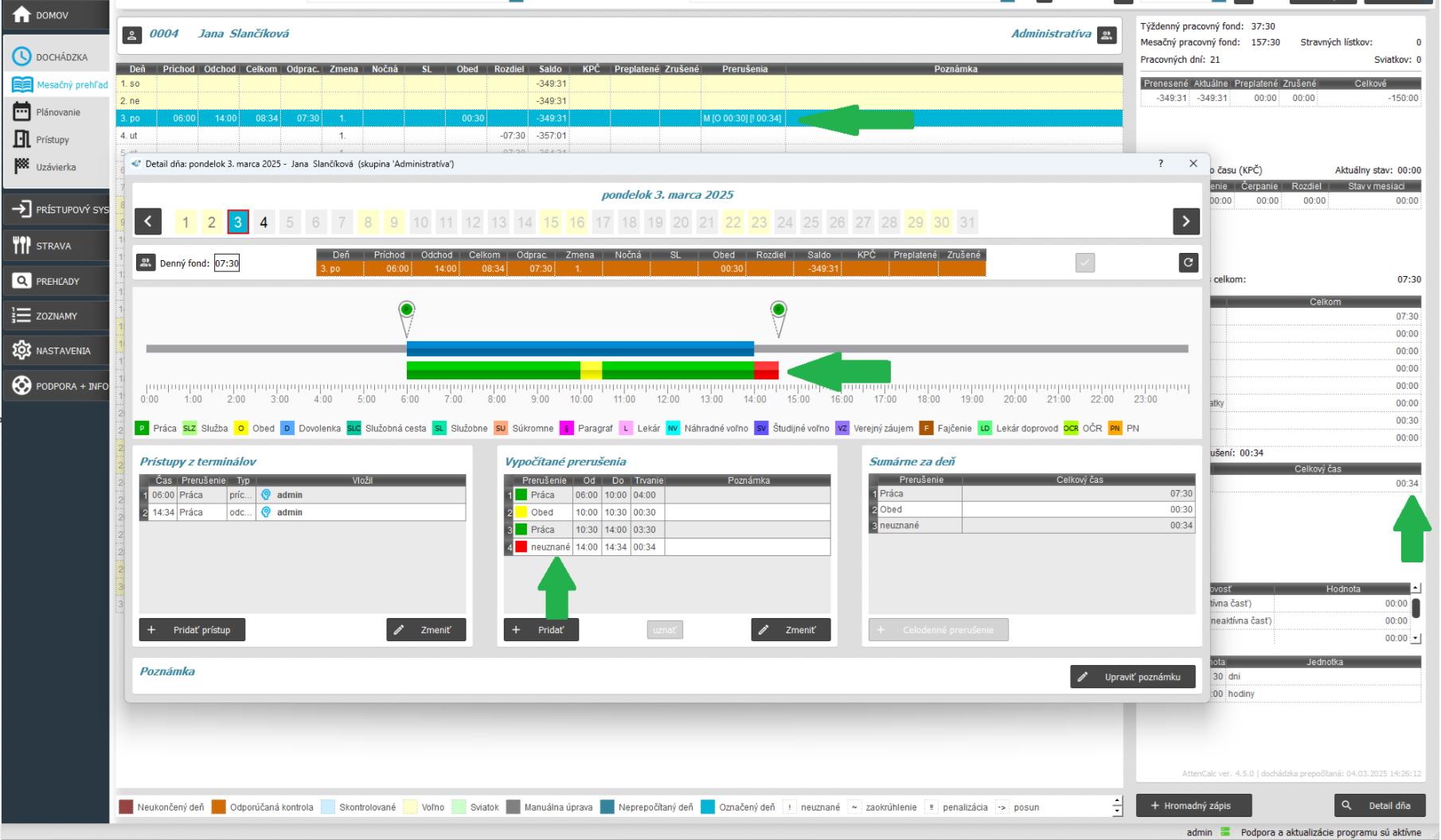 Neuznaný časový úsek v detaile dňa