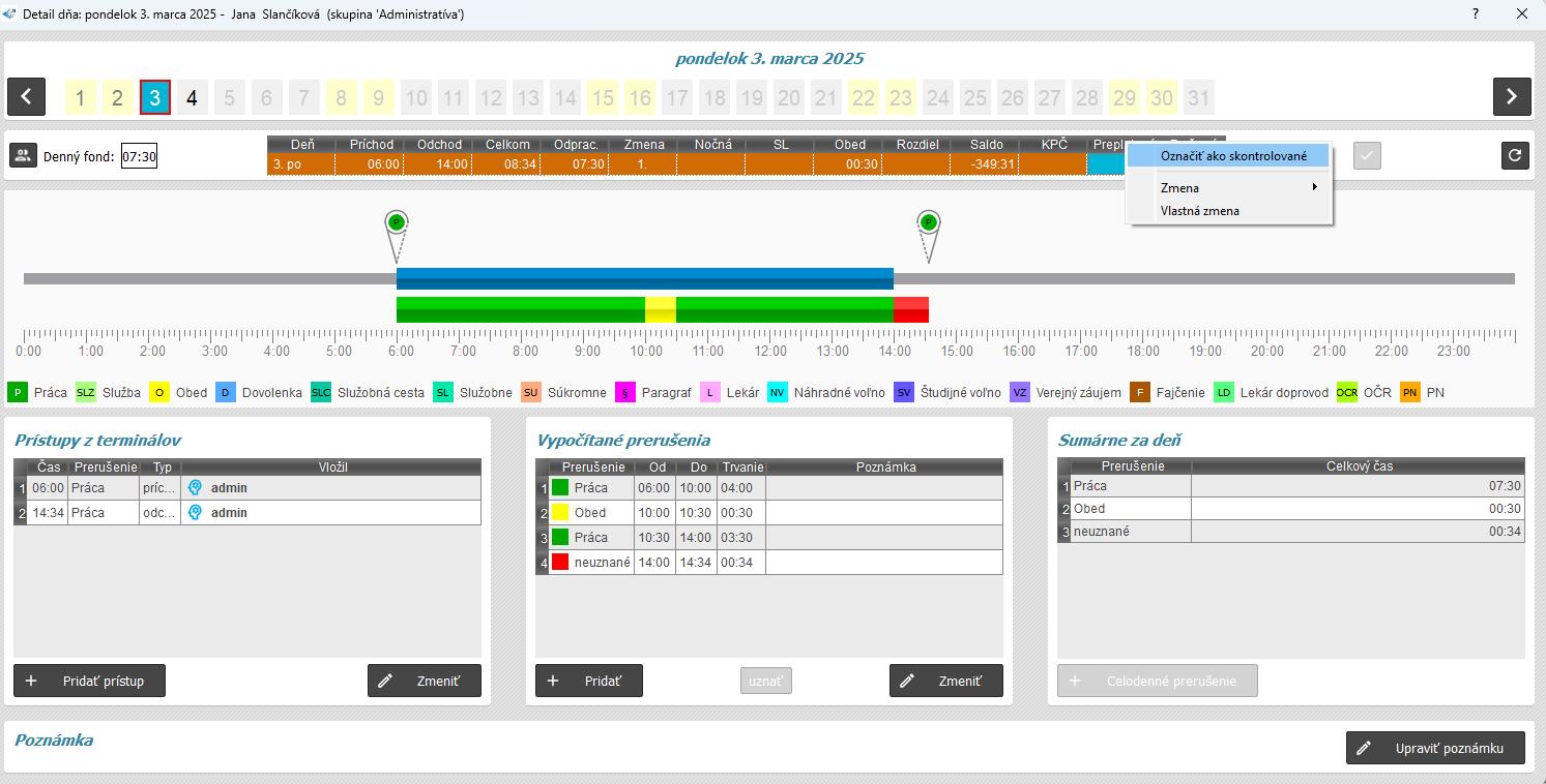 Označiť ako skontrolované v detaile dňa