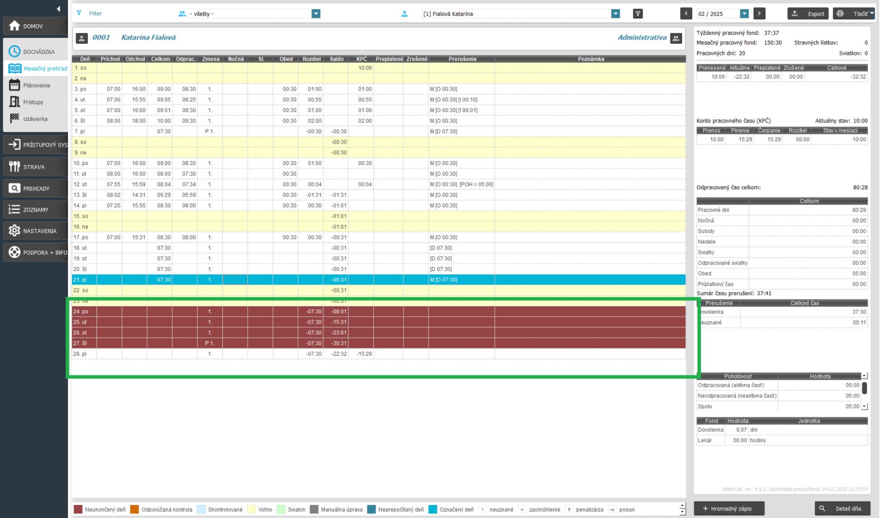 Karta Dochádzka-Mesačný prehľad