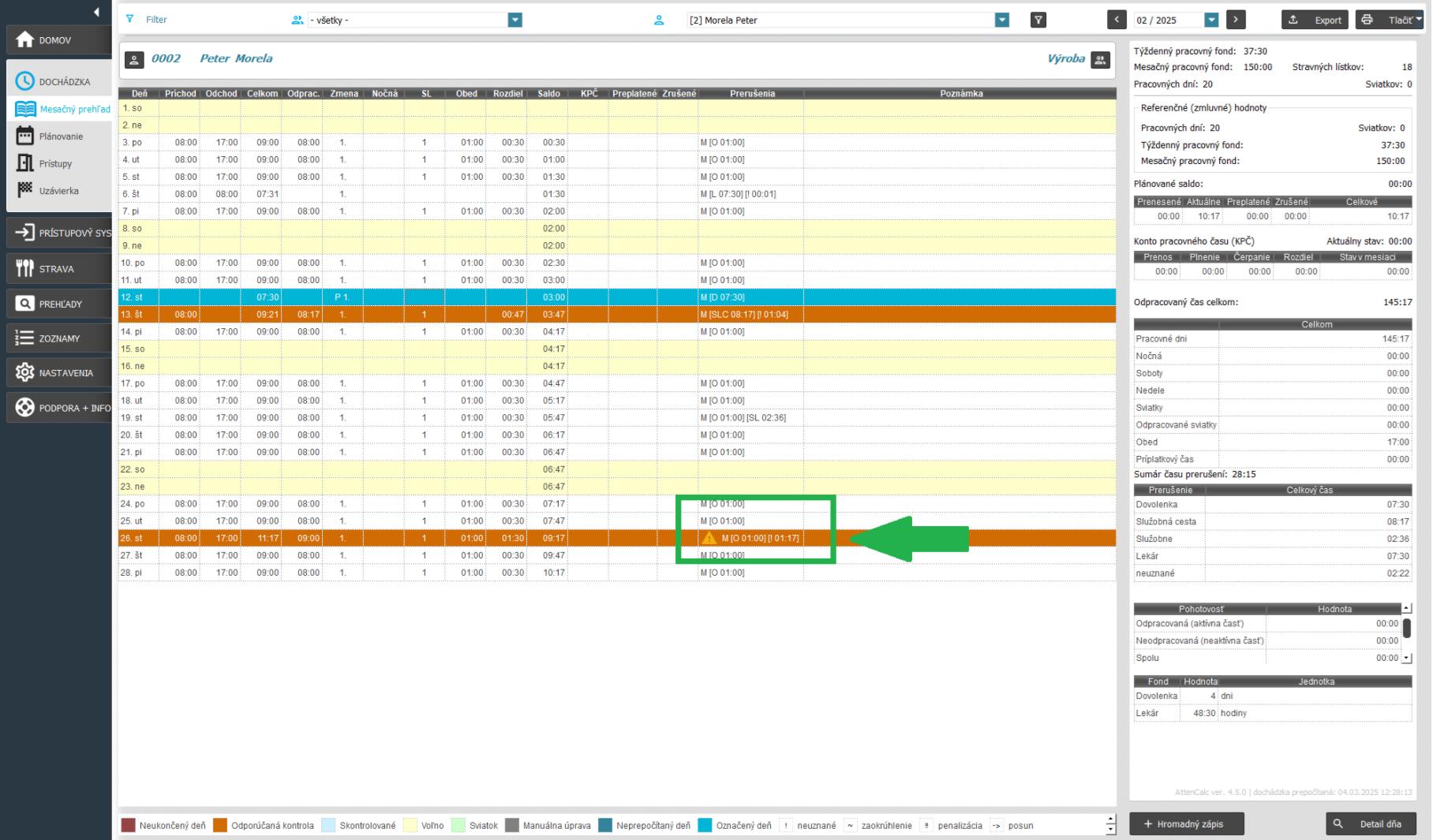 Karta Dochádzka-Mesačný prehľad - dvojitý zápis