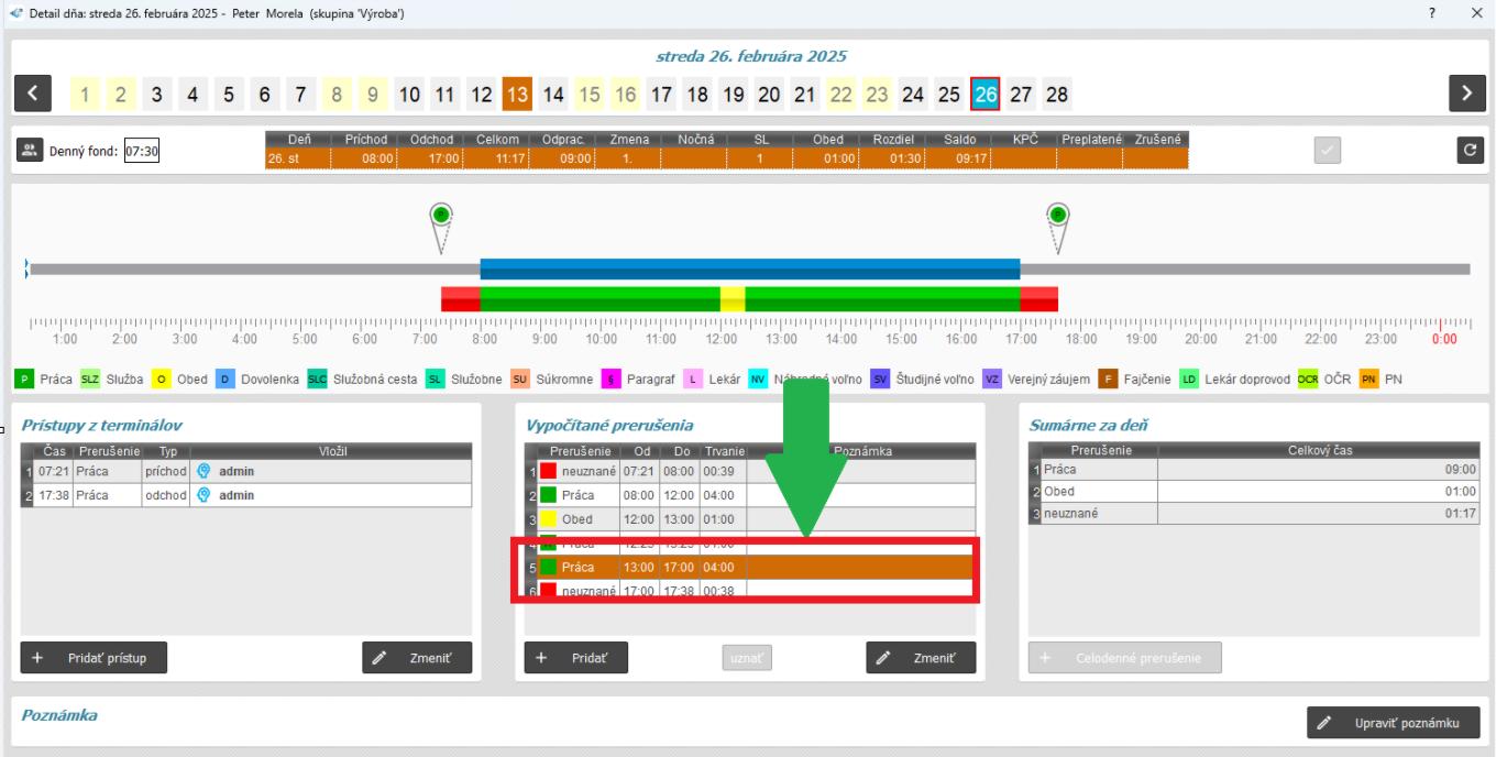 Karta Dochádzka - Detail dňa - dvojitý zápis
