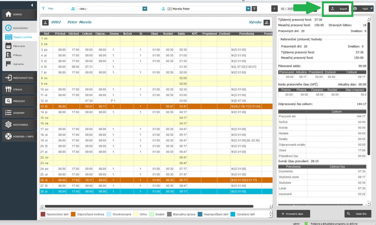 Karta Dochádzka-Mesačný prehľad-Tlačidlo Export