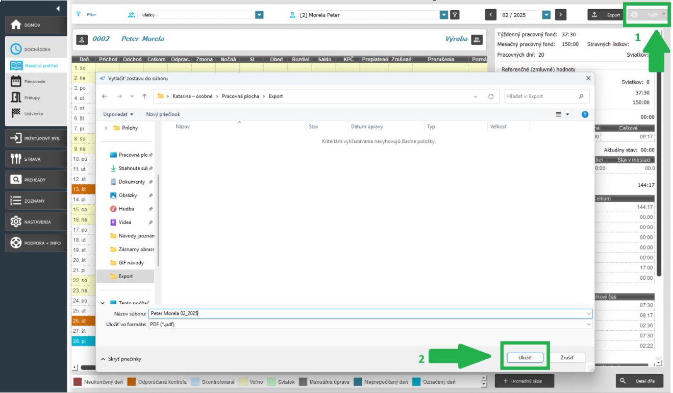 Karta Dochádzka-Mesačný prehľad-Tlač dochádzkového listu