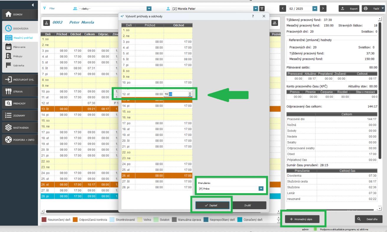 Karta Dochádzka-Mesačný prehľad-Hromadný zápis