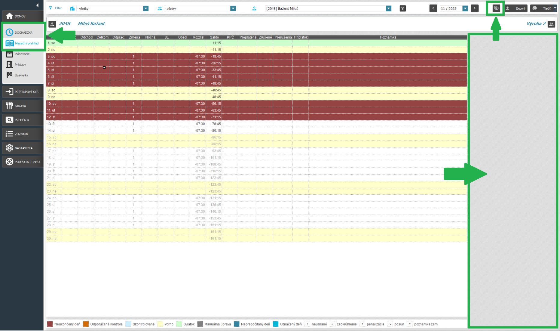 Karta Dochádzka-Mesačný prehľad-skrytie pravého panela