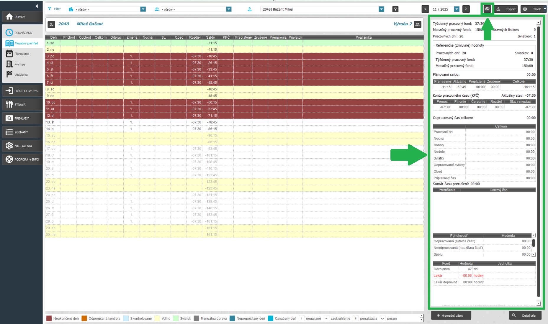 Karta Dochádzka-Mesačný prehľad-odkrytie pravého panela