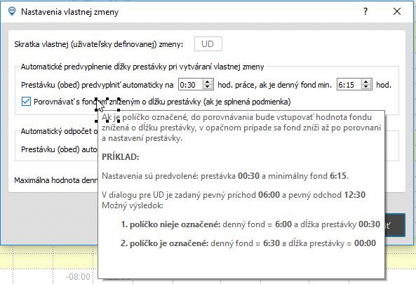 Plánovanie - Nastavenie vlastnej zmeny - automatické predvyplnenie prestávky