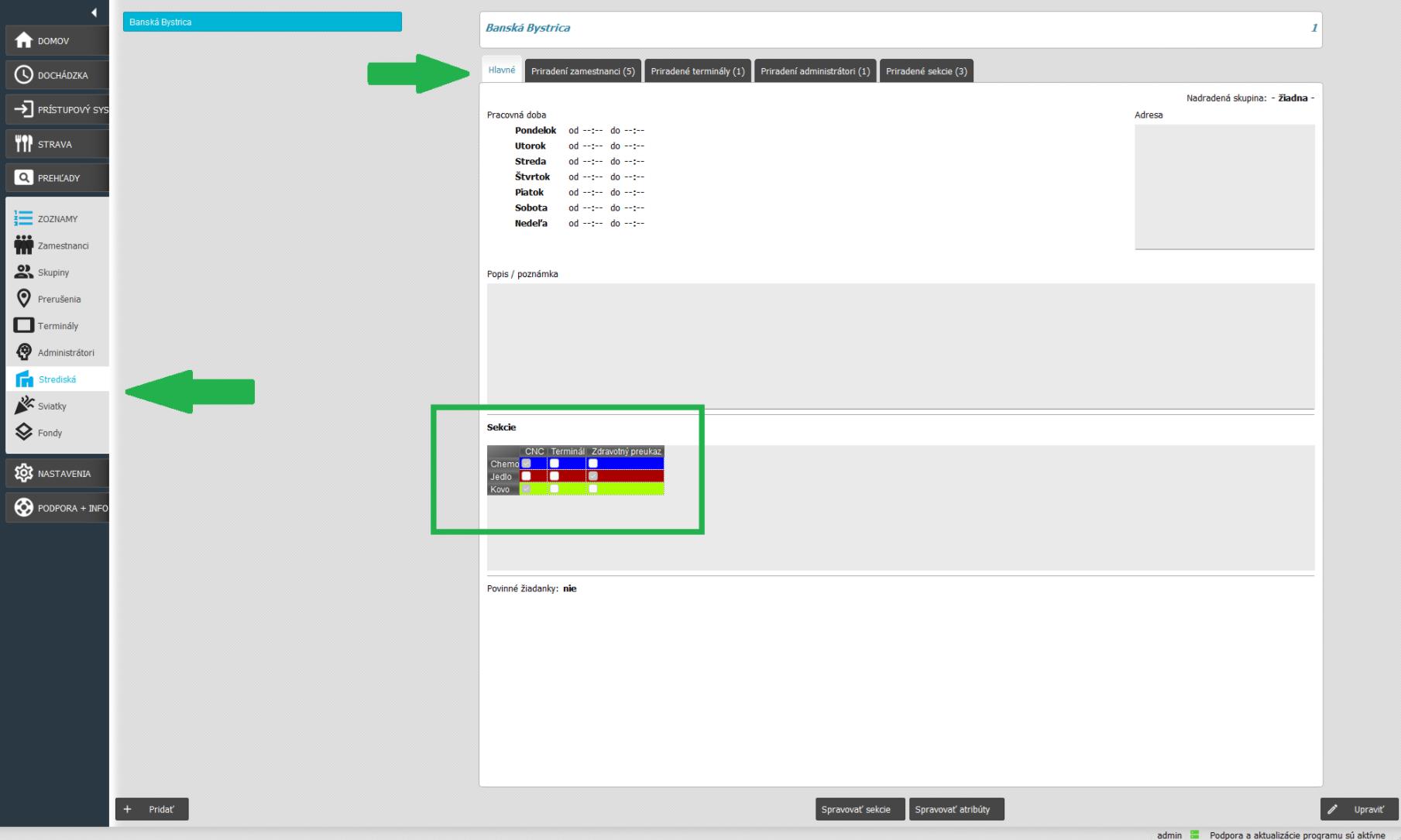 Priradenie atrúbotv v karte Strediská