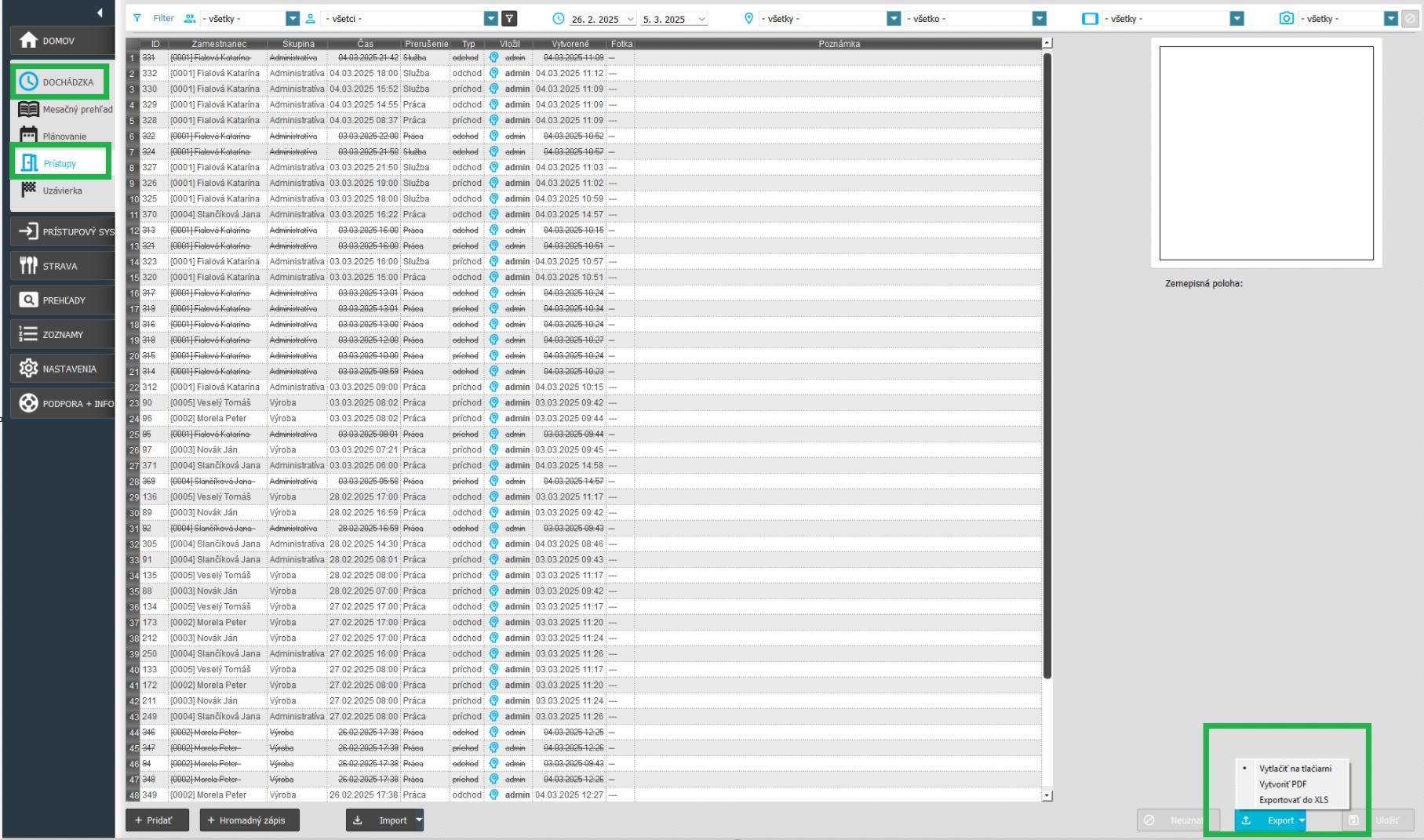 Modul Prístupy - export