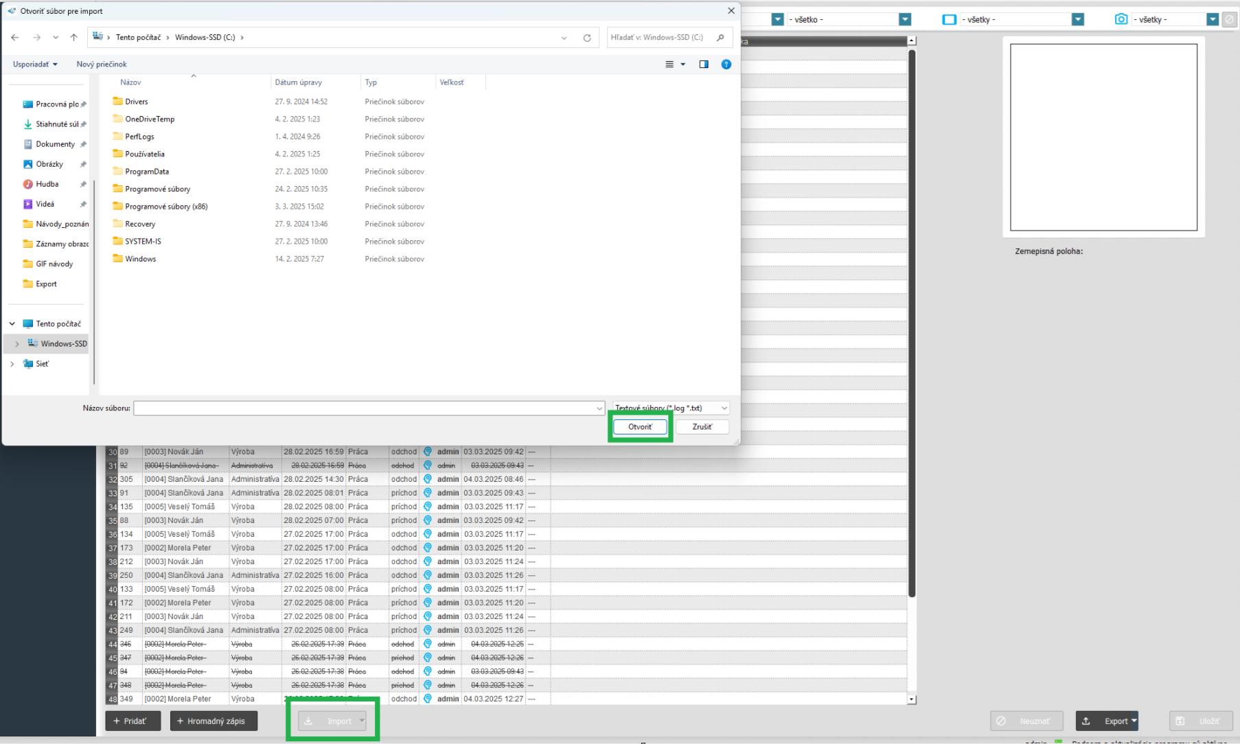 Modul Prístupy - import - uloženie súboru