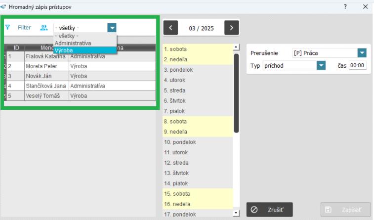Dochádzka - prístupy - Hromadný prístup - filter