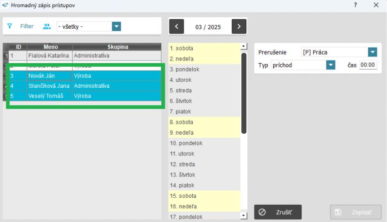 Dochádzka - prístupy - Hromadný prístup - označení zamestnanci