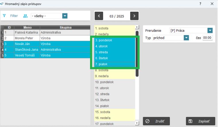 Dochádzka - prístupy - Hromadný prístup - označené dni