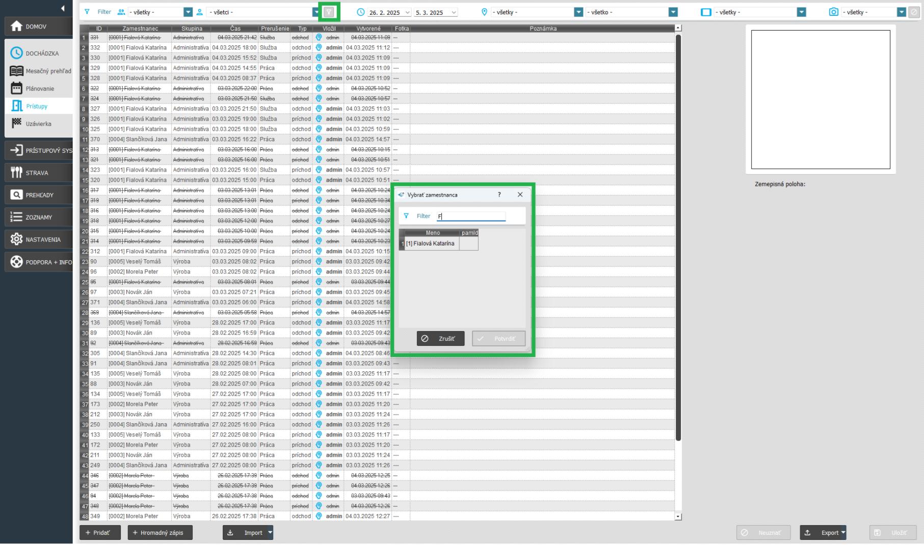 Modul Prístupy - filter
