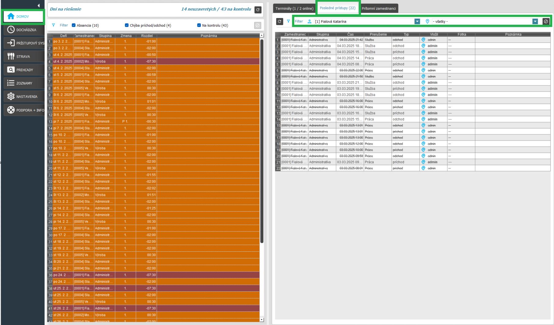 Domov - Posledné prístupy - filtre