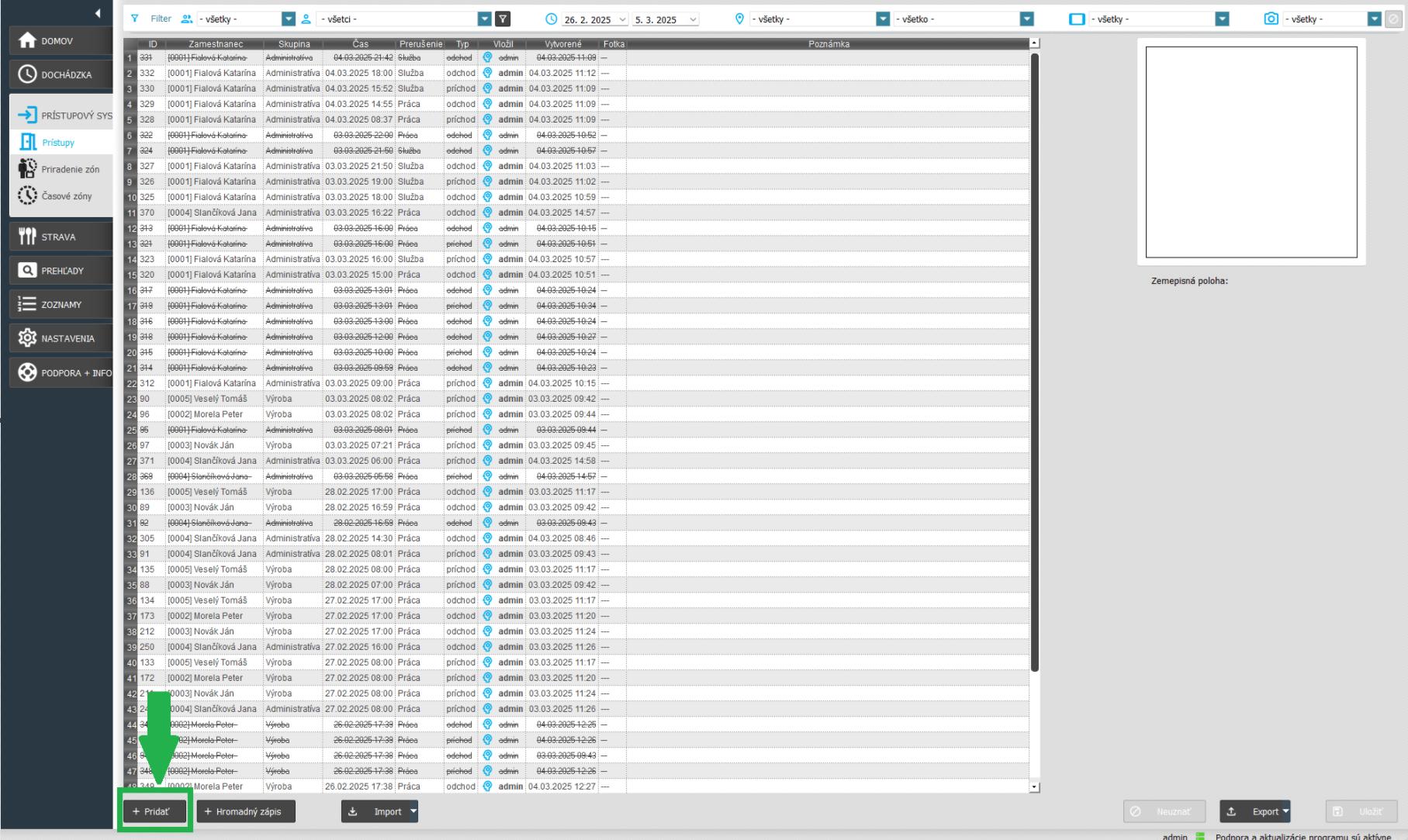 Dochádzka - prístupy - pridať prístup