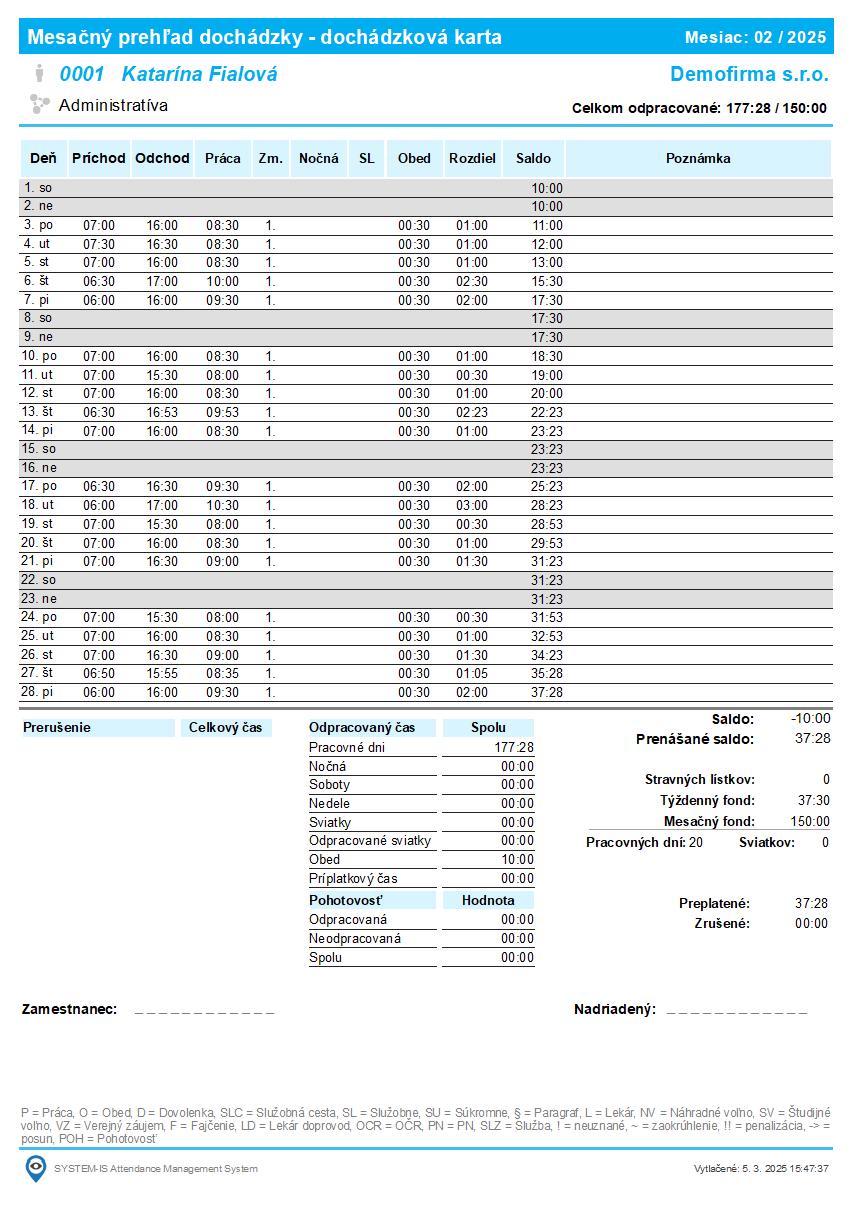 Dochádzková karta zamestnanca - ukážka tlače