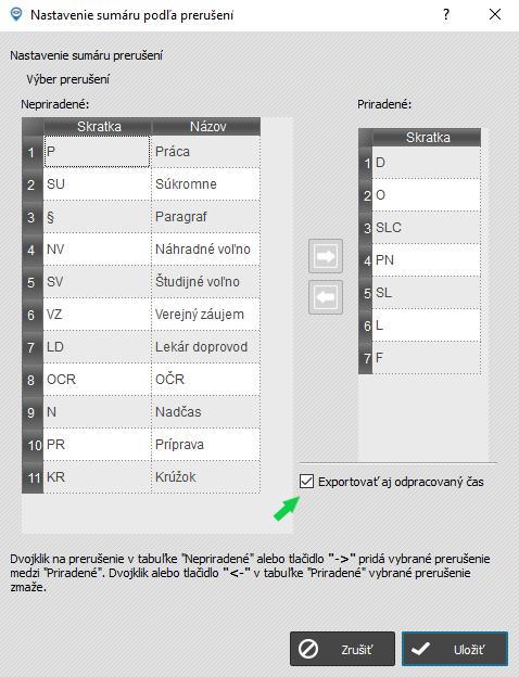 Sumár prerušení - nastavenia