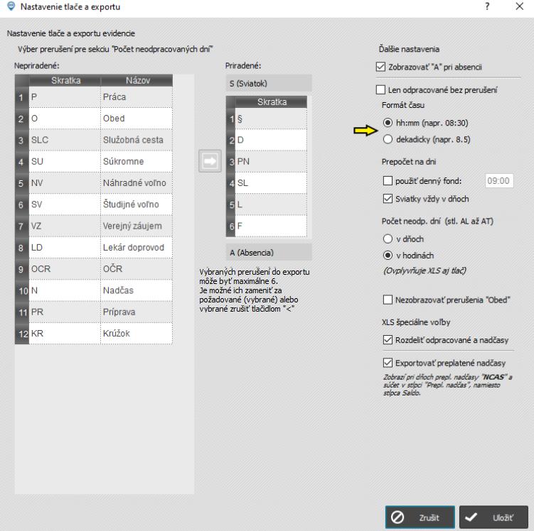 Uzávierka - Formát času - nastavenia
