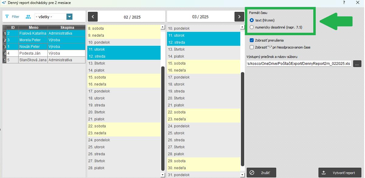 Denný report dochádzky 2 mesiace - formát času