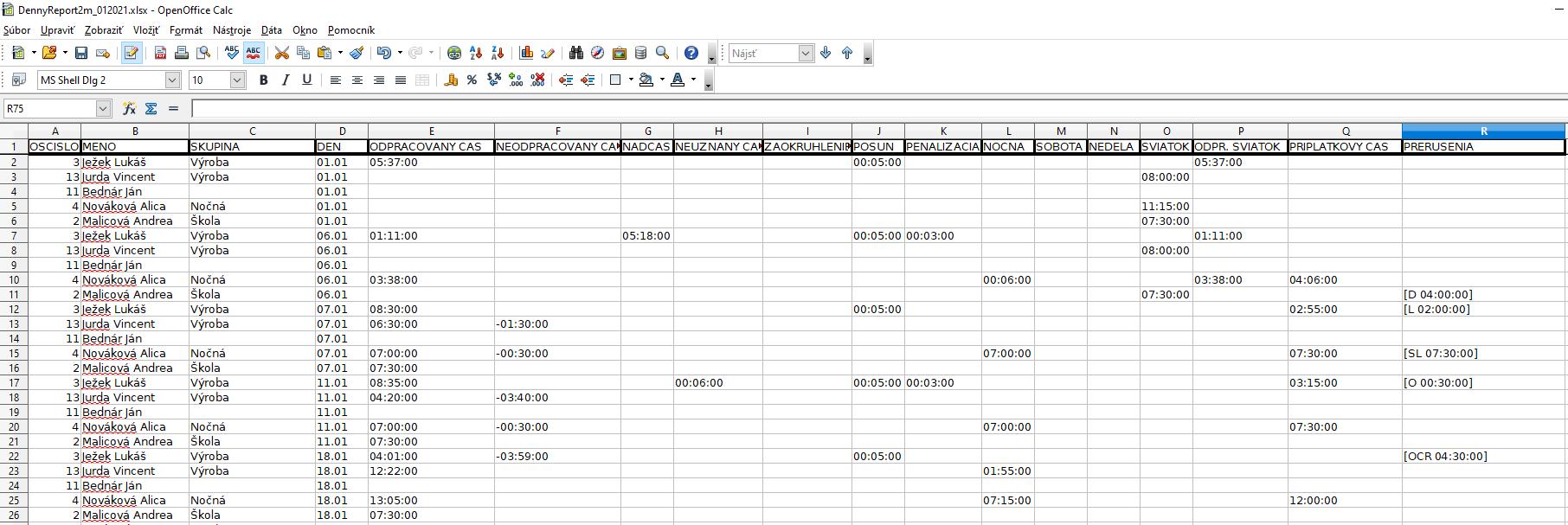 Denný report dochádzky 2 mesiace - formát času - textový - výstup