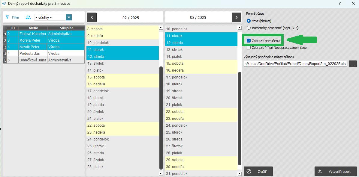 Denný report dochádzky 2 mesiace - Zobraziť prerušenia
