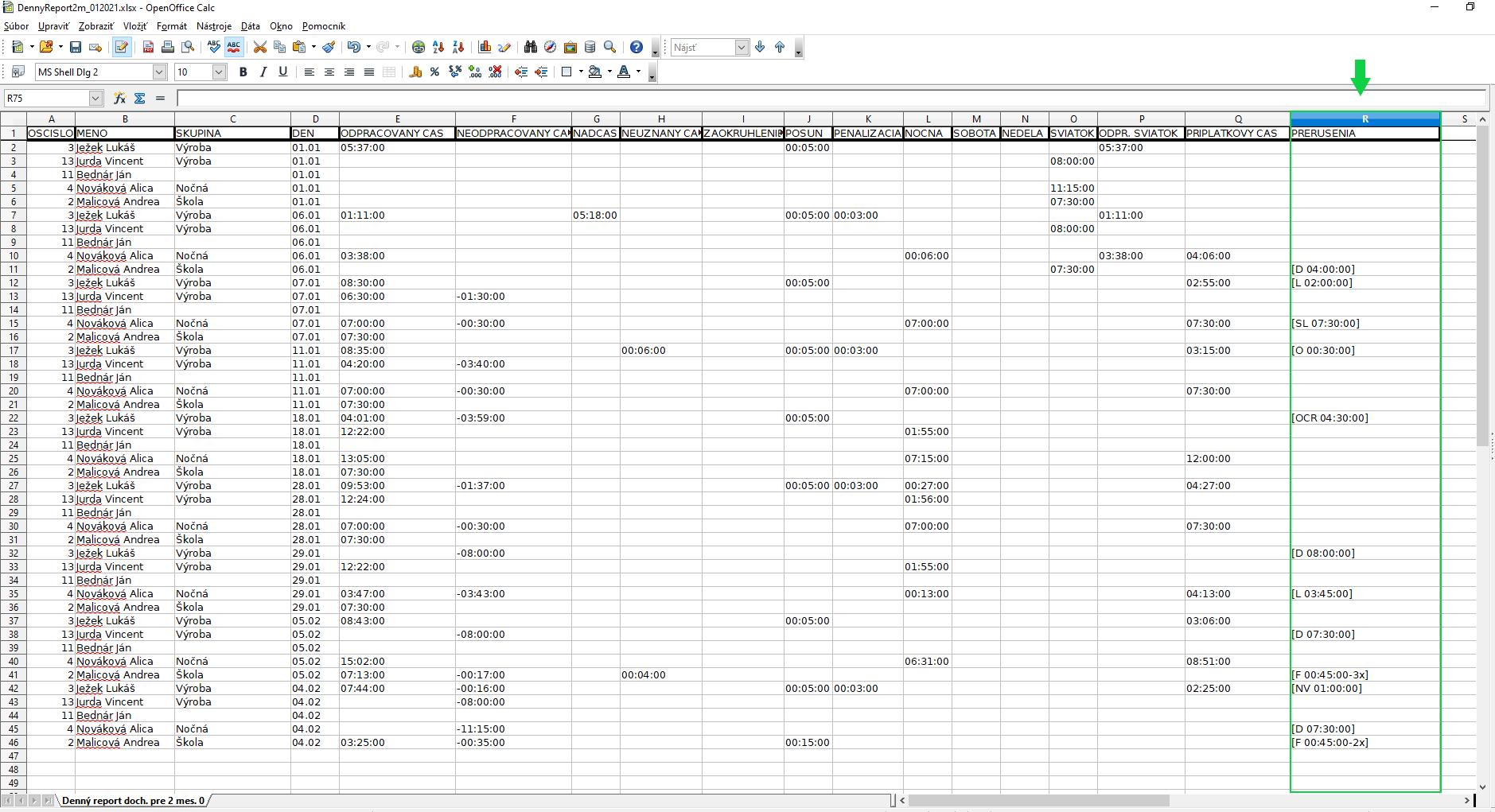 Denný report dochádzky 2 mesiace - Zobraziť prerušenia - výstup