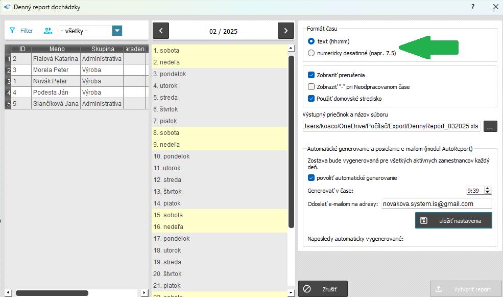 Denný report dochádzky - dodatočné nastavenia